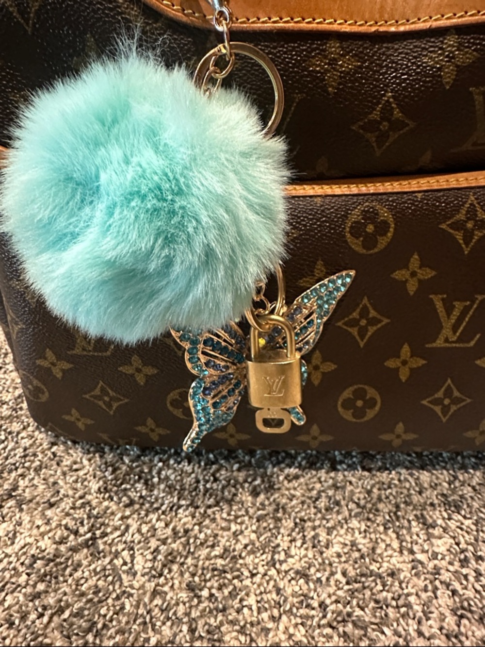 LV Lock and Key with non-branded Aqua Fur Pom Pom Key Charm with Gold Hardware